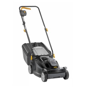 Tagliaerba elettrico nero con cesto di raccolta per il giardino.