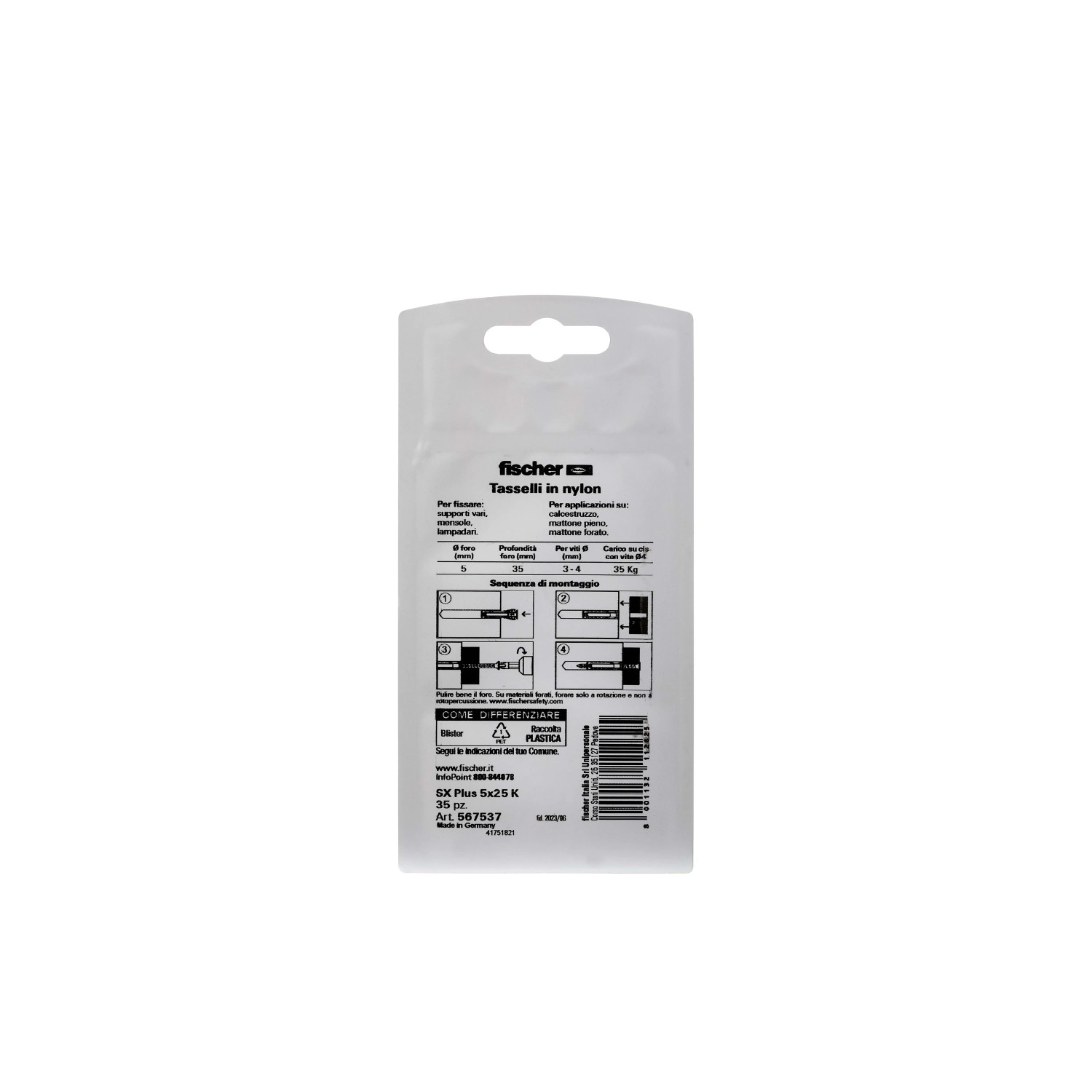 Fischer Tasselli SX Plus 5x25 K, tasselli in nylon in blister, adatti per carichi leggeri.