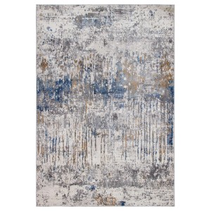 Tappeto moderno con motivo astratto in blu, grigio e beige.