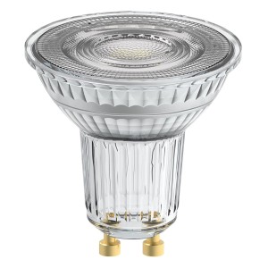 Lampadina LED GU10 con corpo in vetro trasparente e contatti dorati.