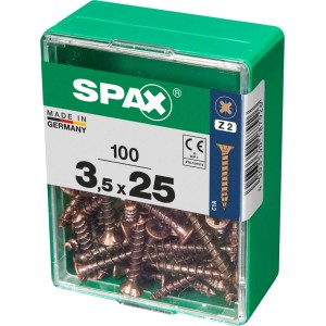 Viti per legno SPAX 3,5 x 25 mm, 100 pezzi in contenitore di plastica verde.