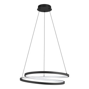 Moderna lampada a sospensione t.b.t. nera con due anelli intrecciati per un'illuminazione elegante.