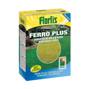 Florlis Ferro Plus concime di ferro per prato, formula granulare in scatola gialla.