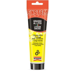 Tubo di grasso al litio Arexons, giallo e nero. Lubrificante per officina e industria.