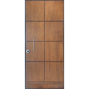 Porta blindata marrone moderna (Porte blindate) con maniglia e design quadrato.