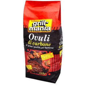 Sacco da 10kg di ovuli di carbone Grill-mania per barbecue.