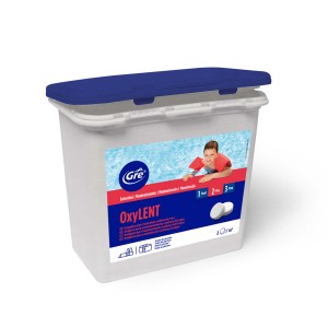 Trattamento acqua piscina OxyLENT in secchio con coperchio blu.