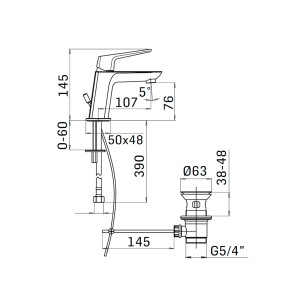 Disegno tecnico di un miscelatore per lavabo t.b.t. con dimensioni.