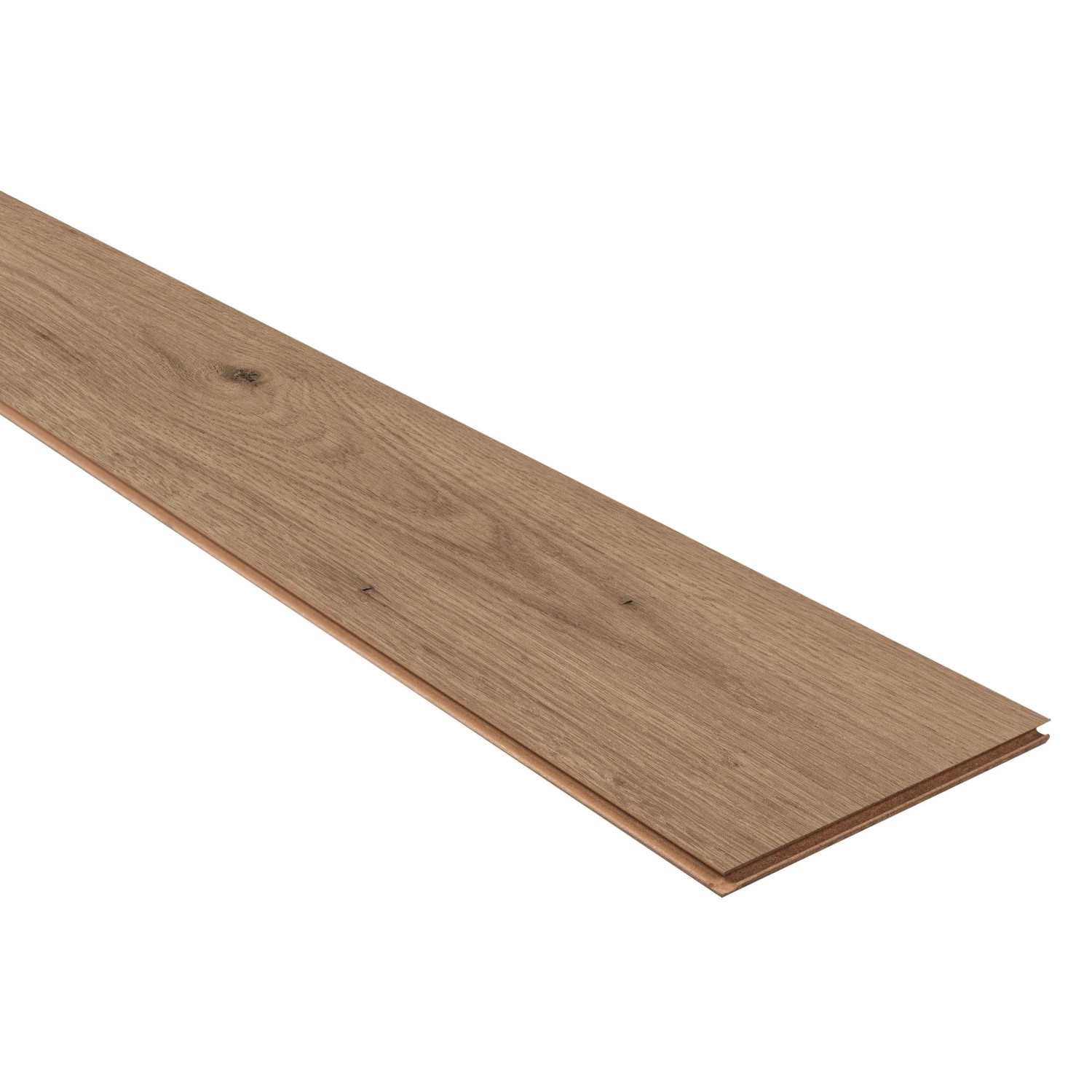 Laminato Kaindl Quercia Ferrara, 8 mm, impermeabile. Doghe effetto legno marrone con venature.