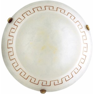 Plafoniera rotonda con motivo sul bordo e dettagli color ottone.