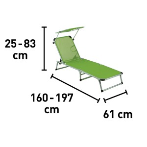 Lettino prendisole t.b.t. verde con tettuccio parasole, dimensioni indicate.