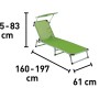 Lettino prendisole t.b.t. verde con tettuccio parasole, dimensioni indicate.
