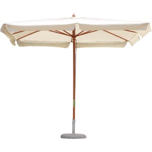 Ombrellone t.b.t. con struttura in legno e telo beige.