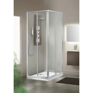 Box doccia angolare con telaio argento e pannello doccia.