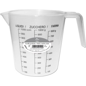 Misurino in plastica con scala graduata per liquidi, zucchero e farina.
