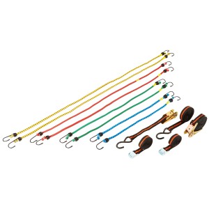 Set cinghie LUX, 12 pezzi: Cinghie di fissaggio con ganci e fibbia a camma, più cavi elastici in varie misure.