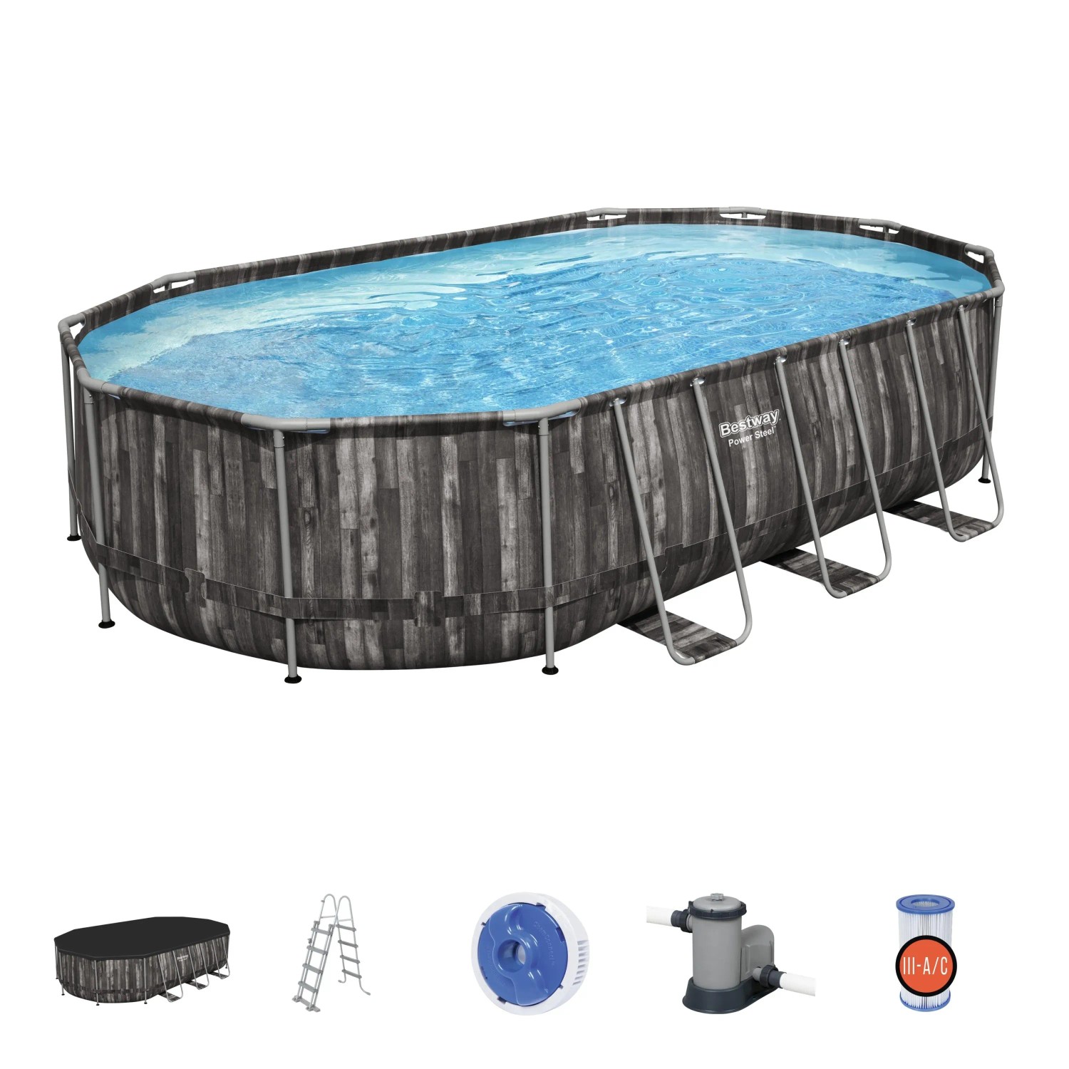 Piscina fuori terra ovale effetto legno con accessori come scaletta e pompa filtro.