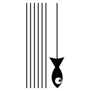 Adesivo da parete t.b.t. con canna da pesca stilizzata e pesce in bianco e nero.