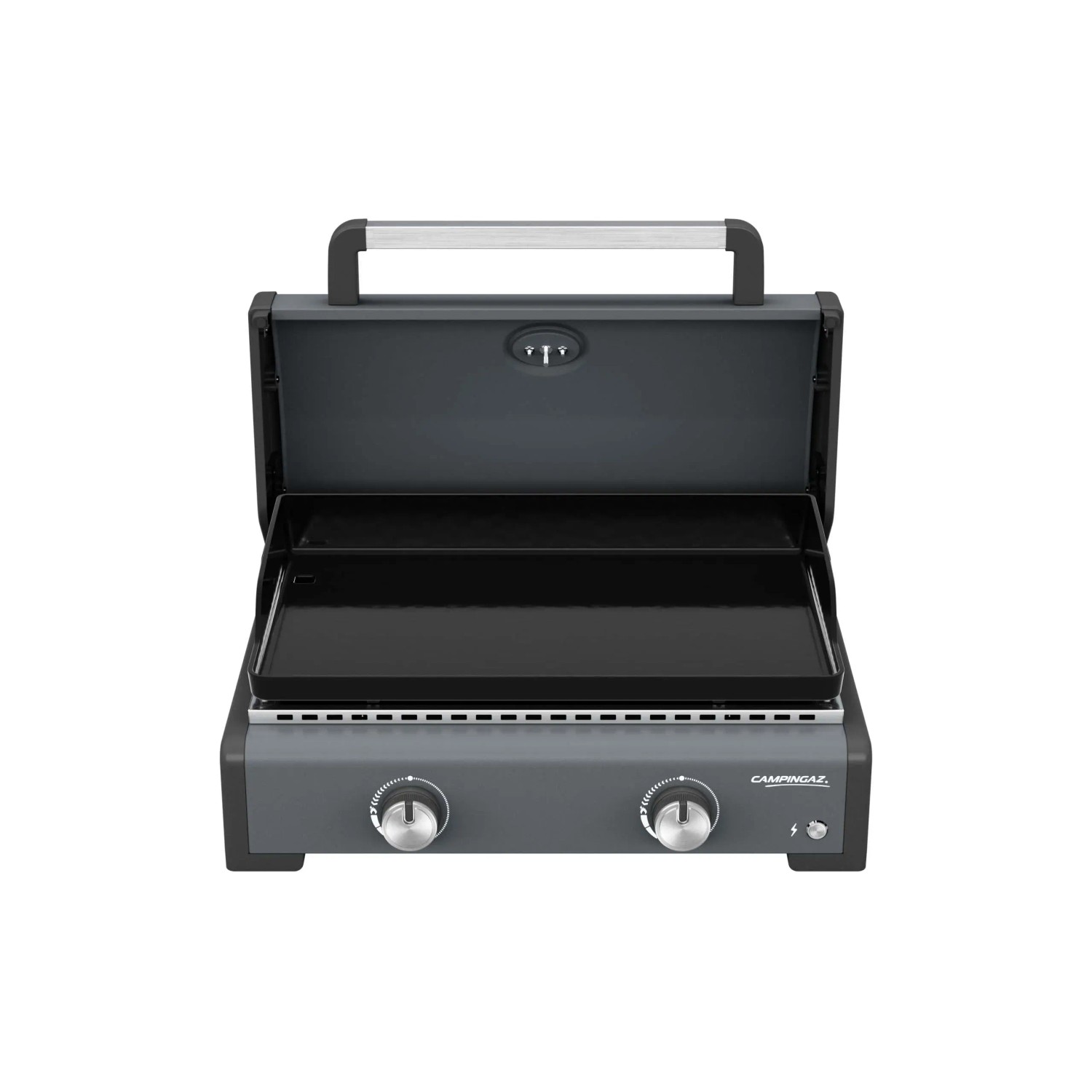 t.b.t. Grill da campeggio con piastra e due manopole di controllo.
