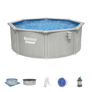 Set piscina Bestway Hydrium, piscina con pareti in acciaio e accessori come scala e pompa filtro.