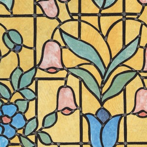 Pellicola adesiva decorativa con motivo floreale in giallo, rosa e blu.