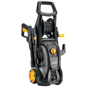 Idropulitrice CMI, nero/giallo, con avvolgitubo e accessori.