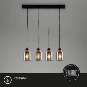 Lampada a sospensione a quattro luci della categoria Sospensioni con vetro fumé ed elementi in legno.