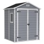 Casetta da giardino Keter Manor 65DD, grigio-bianca, con doppia porta e finestra. Ideale per riporre gli oggetti in giardino.