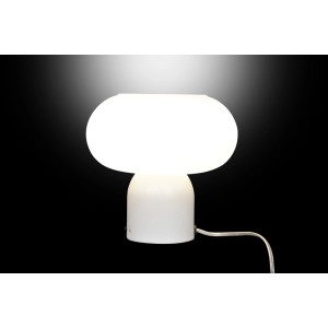 Lampada da scrivania bianca t.b.t. con paralume rotondo.