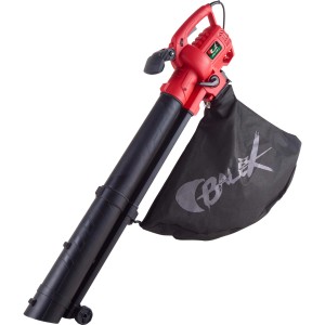 Soffiatore aspiratore a batteria t.b.t. rosso con sacco di raccolta nero.