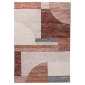 Tappeto moderno con motivo geometrico nei toni del marrone e del beige.
