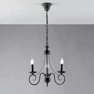 Lampadario a sospensione nero t.b.t. con tre bracci e sospensione a catena.