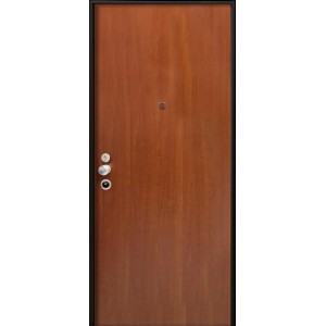 Porta blindata t.b.t. effetto legno con telaio nero e spioncino.