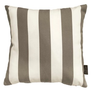 Cuscino da esterno a righe grigio e bianco.