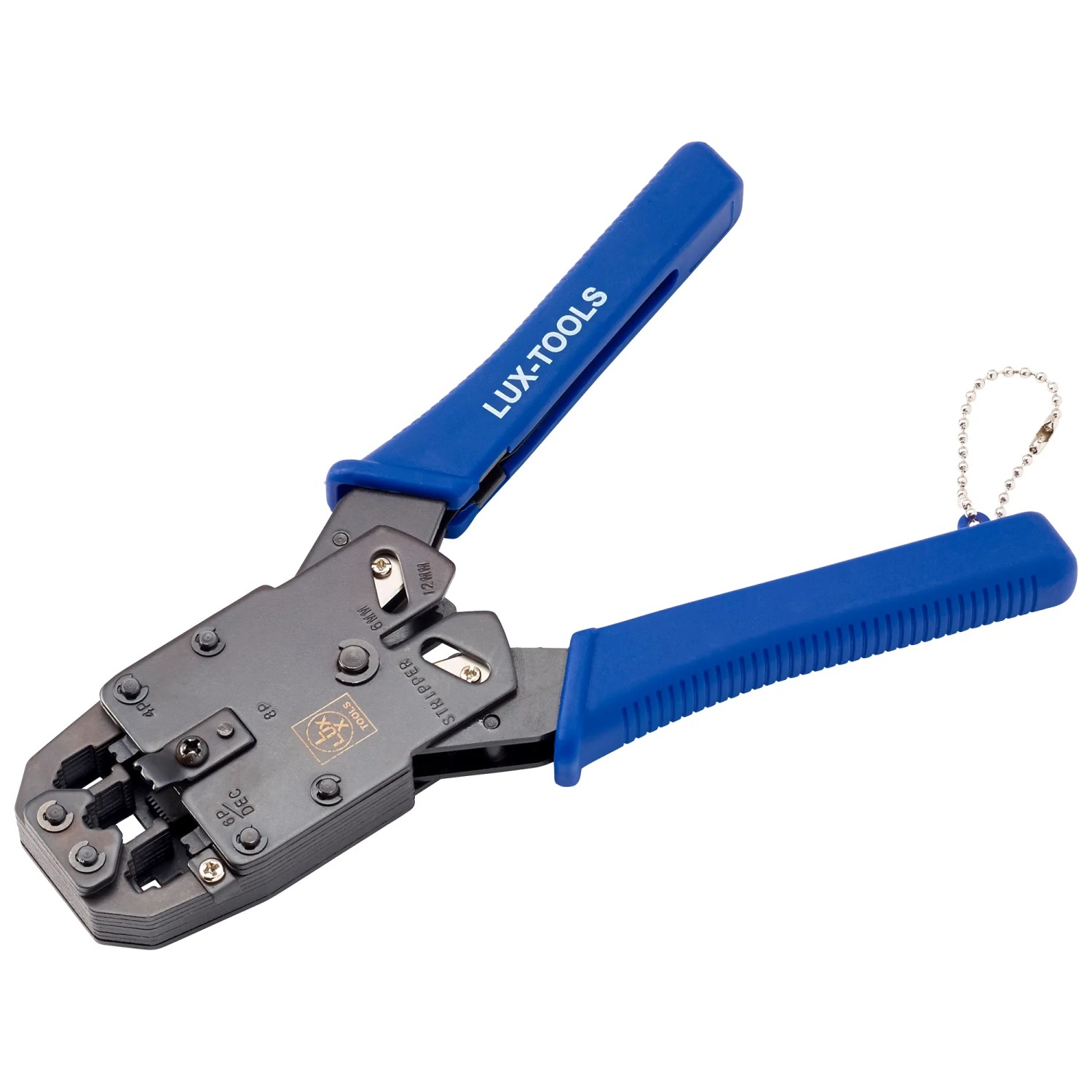 Pinza a crimpare LUX per telefono/rete (ISDN), manici blu, per tagliare, spellare e crimpare.