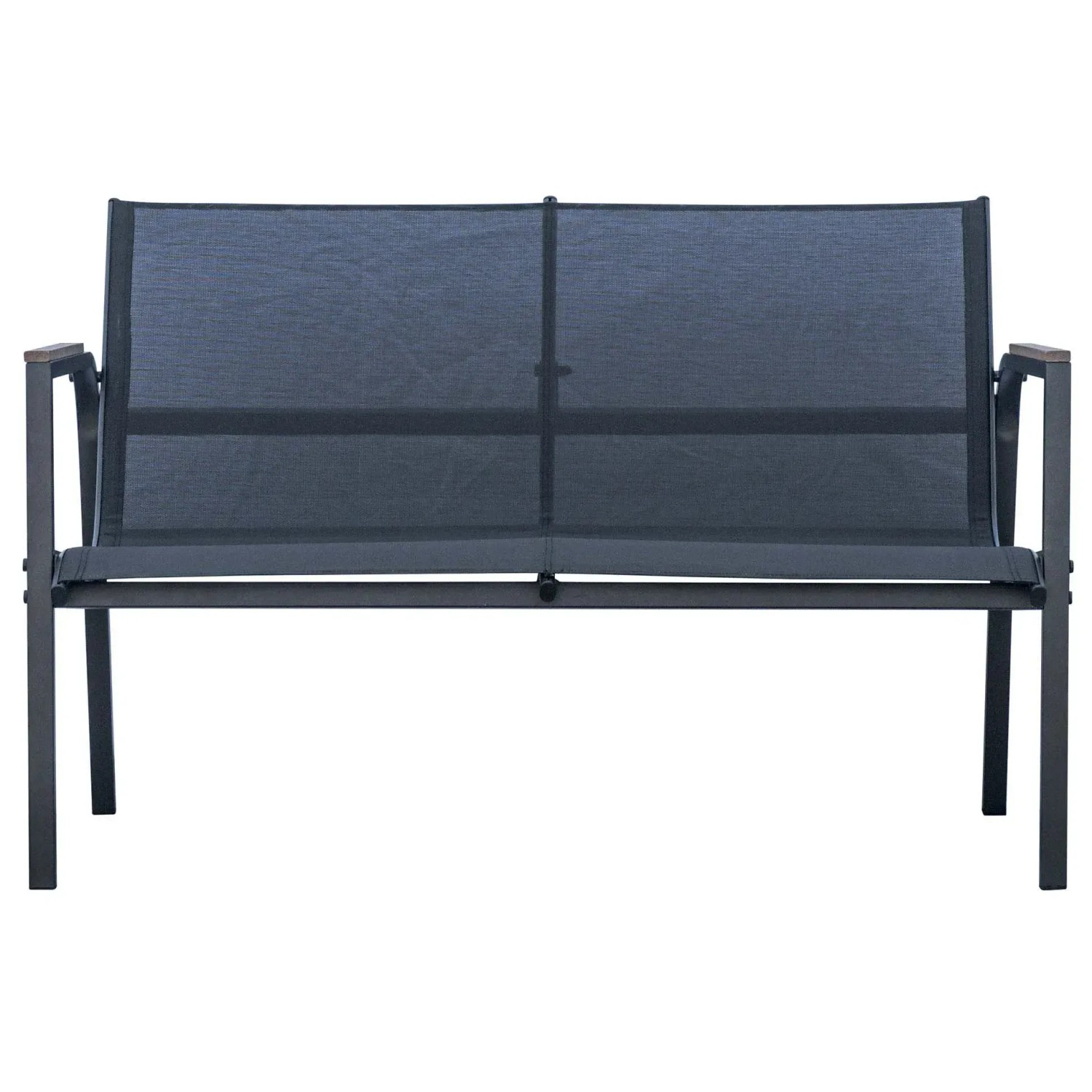 Panca da giardino grigia da un Set di mobili da giardino.