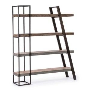 Libreria a giorno con elementi in legno e metallo.