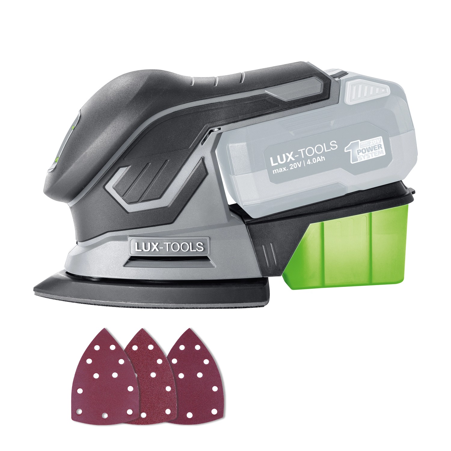 LUX A-MS-20 levigatrice multifunzione a batteria con batteria, scatola per la polvere e carta vetrata. Ideale per levigare legno e metallo.