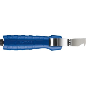 Coltello per cavi LUX Universal Comfort con manico blu e lama regolabile.