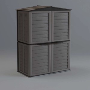 Casetta da giardino in plastica grigia con doppia porta per attrezzi e utensili da giardinaggio.