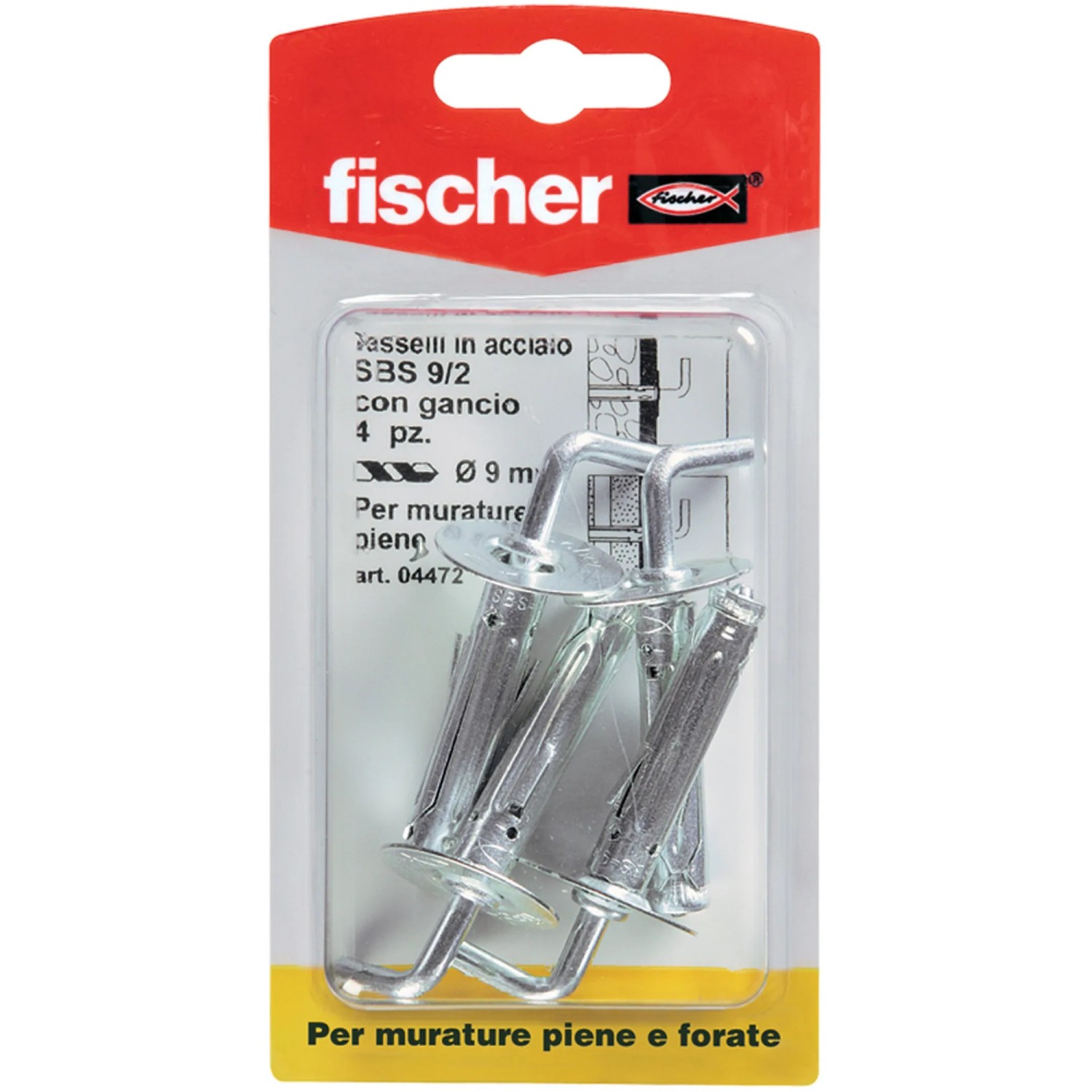 Fischer Tasselli SBS 9/2 con gancio, 4 pezzi, per muratura. Tassello universale in acciaio.