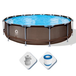Piscina fuori terra rotonda effetto rattan con pompa filtro e cartuccia filtro.
