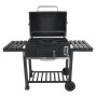 Barbecue a carbone nero Jamestown Jaxon XL con griglia modulare e tavolini laterali.