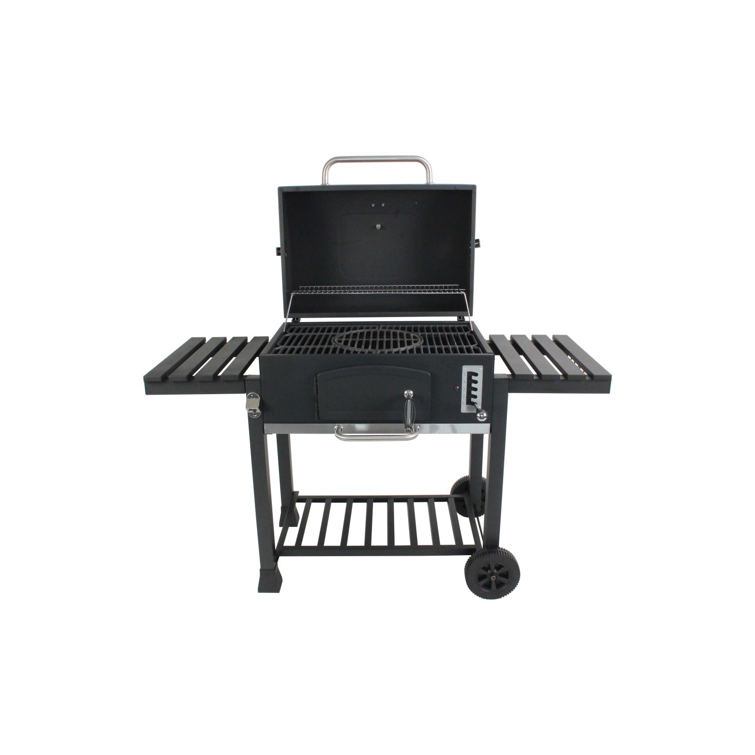Barbecue a carbone nero Jamestown Jaxon XL con griglia modulare e tavolini laterali.