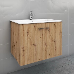 Mobile bagno sospeso effetto legno con lavabo bianco e rubinetto.