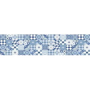 Paraschizzi t.b.t. con motivo a piastrelle blu e bianche.