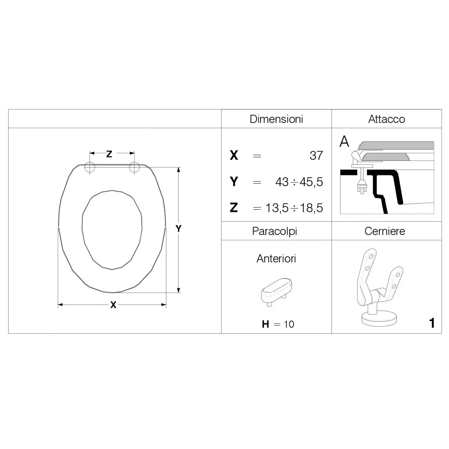 Schizzo del sedile WC t.b.t. con dimensioni e dettagli di montaggio e tamponi.