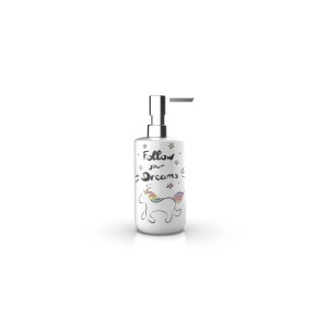 Dispenser sapone bianco con motivo unicorno e testina a pompa argentata.