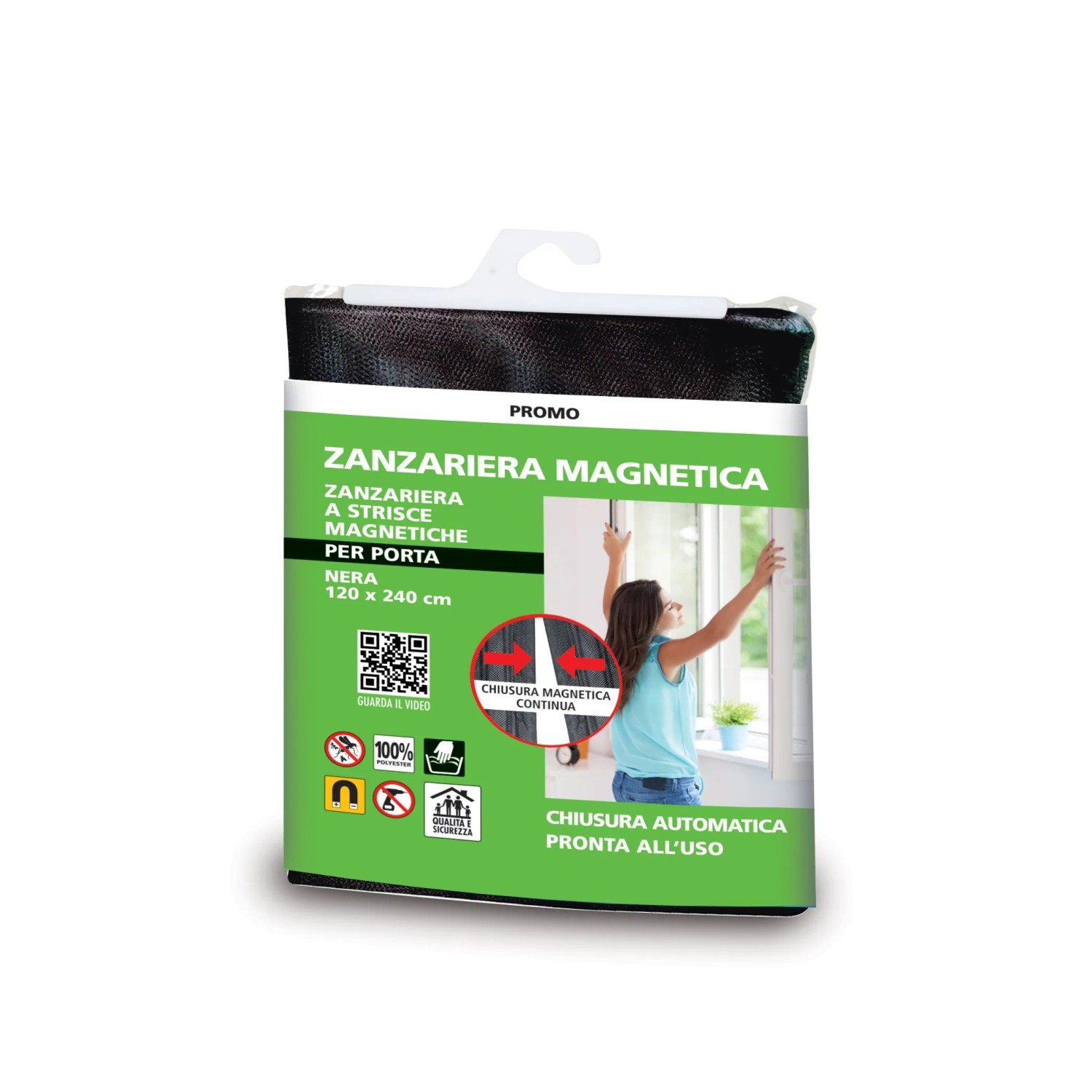Confezione di una zanzariera magnetica nera per porta 120x240cm. Ideale per la protezione dagli insetti.