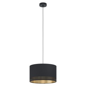 Lampada a sospensione Eglo Esteperra, lampada pendente nero-oro con paralume in tessuto e ritagli.
